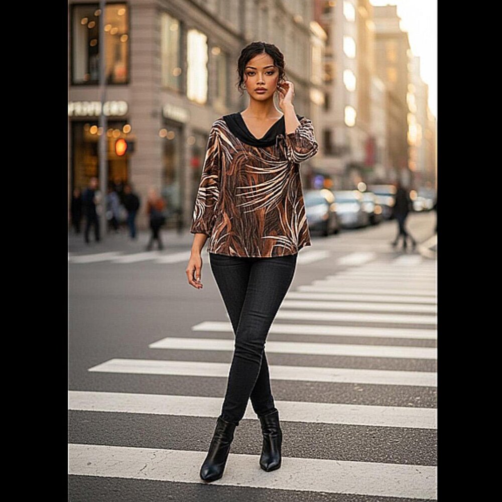 "OG Anne Smith Abstract Print Cowl Neck Tie Blouse 3/4 Sleeve Size 16 Stretch"